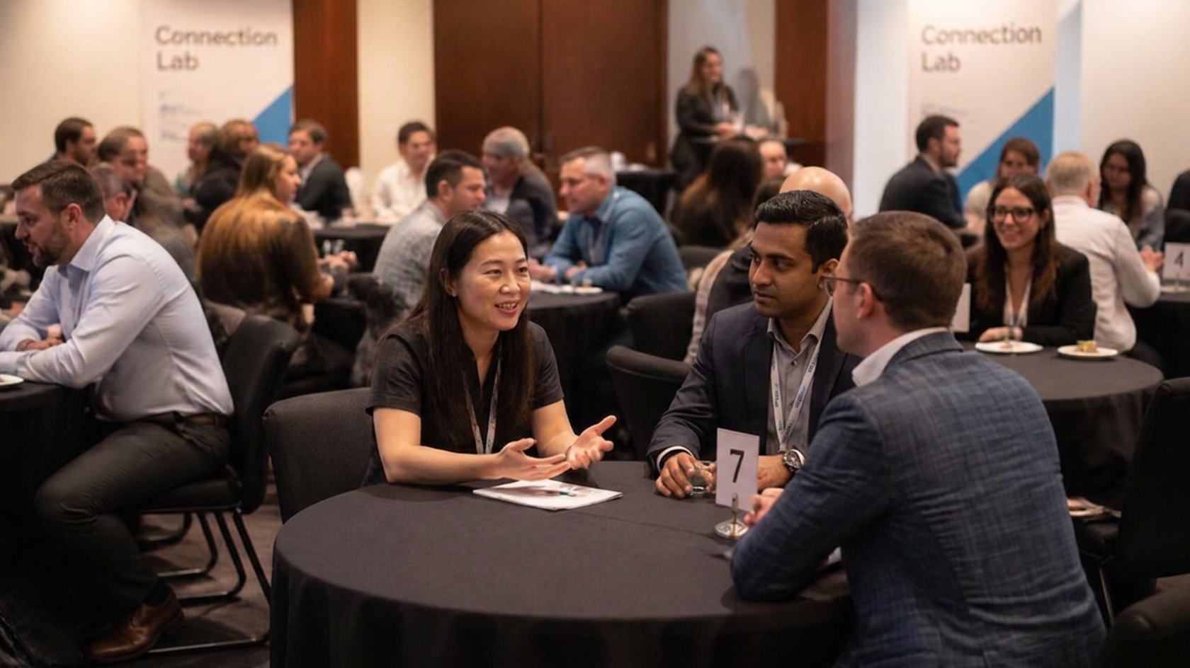 People meeting at a table with other similar tables in the background